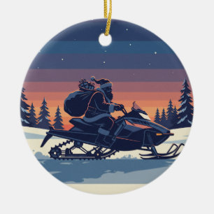 Personalized Cute Santa Doing Snowmobiling Ceramic Tree Decoration