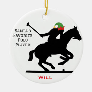 Personalized Cute Santa's Elf Playing Polo  Ceramic Tree Decoration