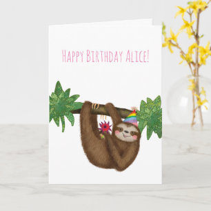 Personalized cute sloth on a branch birthday card