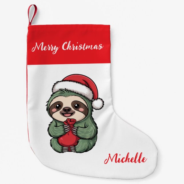 Personalized Cute Sloth Santa Hat Holiday          Small Christmas Stocking (Front)