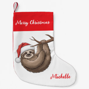 Personalized Cute Sloth Santa Hat Holiday Small Christmas Stocking