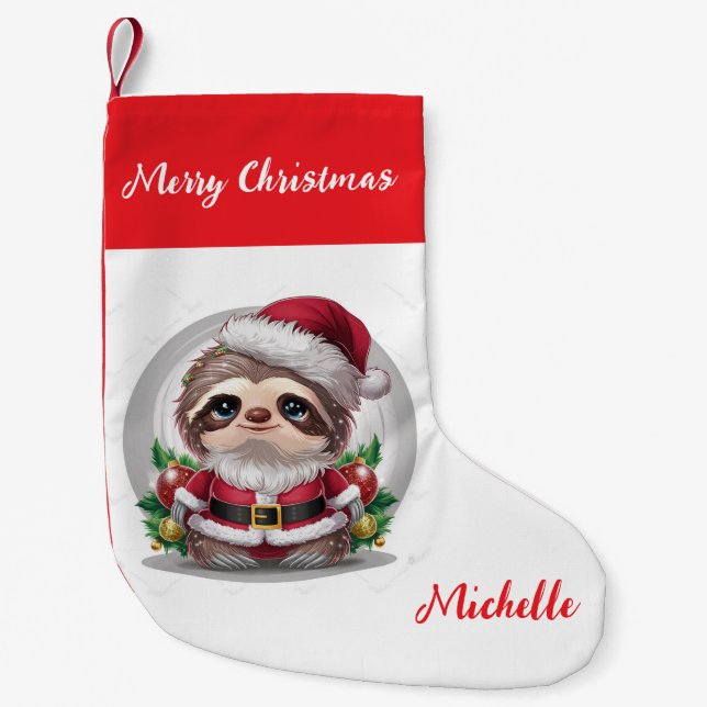 Personalized Cute Sloth Santa Hat Holiday          Small Christmas Stocking (Front)