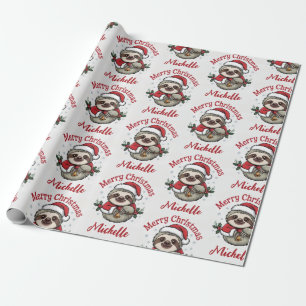 Personalized Cute Sloth Santa Hat Holiday Wrapping Paper