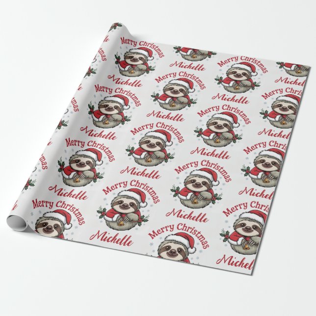 Personalized Cute Sloth Santa Hat Holiday          Wrapping Paper (Unrolled)