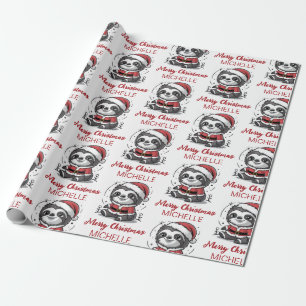 Personalized Cute Sloth Santa Hat Holiday Wrapping Paper