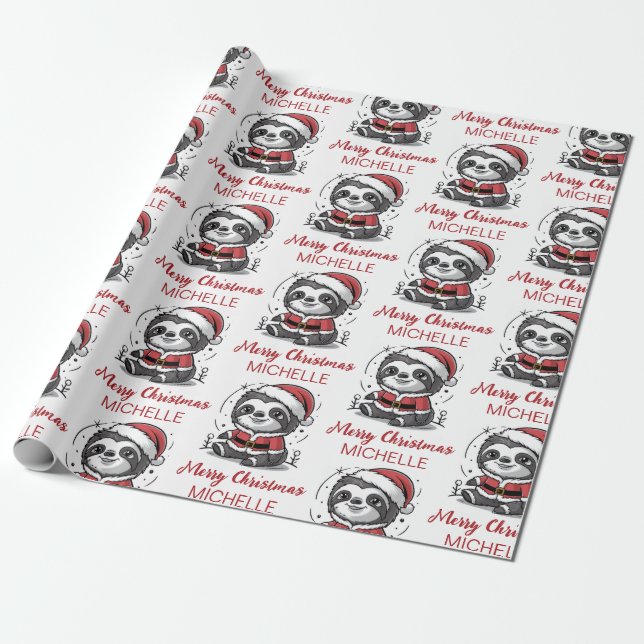 Personalized Cute Sloth Santa Hat Holiday Wrapping Paper (Unrolled)