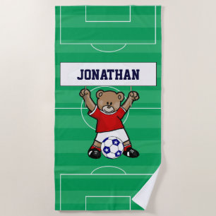 Personalized Cute Soccer Teddy Bear (red) Beach Towel