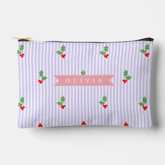 Personalized Cute Striped Holiday Christmas Holly  Accessory Pouch