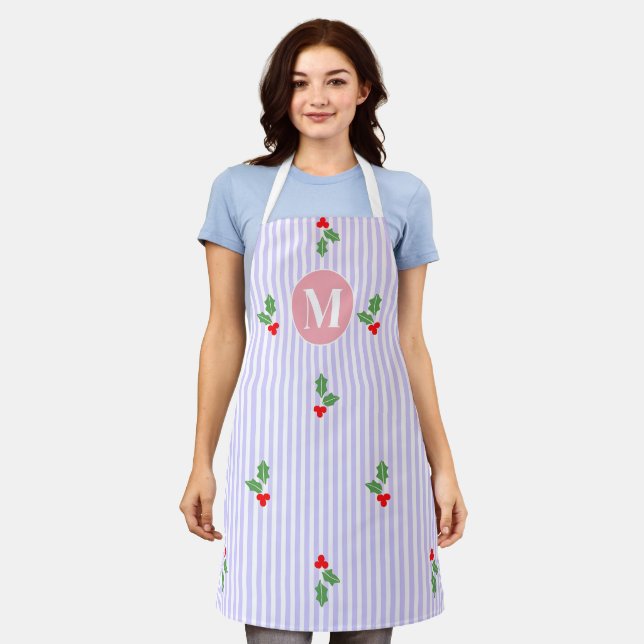 Personalized Cute Striped Holiday Christmas Holly  Apron (Worn)