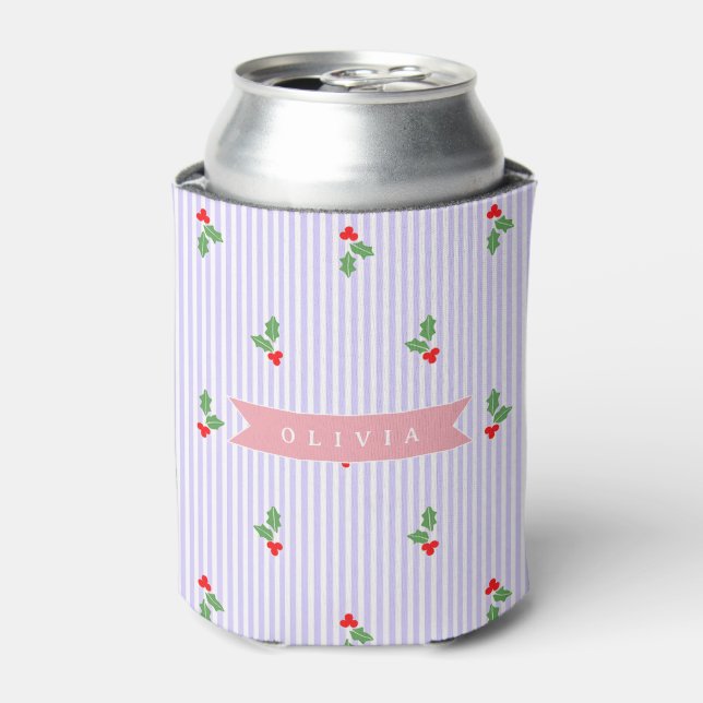 Personalized Cute Striped Holiday Christmas Holly  Can Cooler (Can Front)