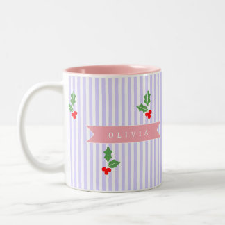 Personalized Cute Striped Holiday Christmas Holly Two-Tone Coffee Mug