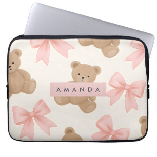 Personalized Cute Teddy Bear and Pink Bow Pattern Laptop Sleeve