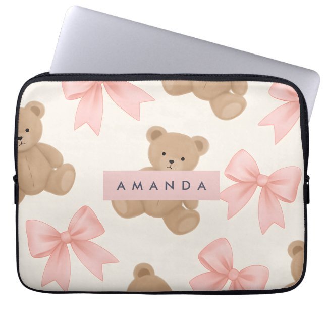 Personalized Cute Teddy Bear and Pink Bow Pattern Laptop Sleeve (Front)