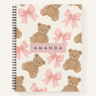 Personalized Cute Teddy Bear and Pink Bow Pattern Notebook