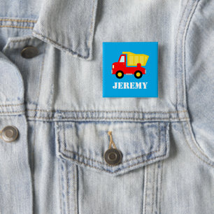 Personalized cute toy red dumper truck kid's name 15 cm square badge