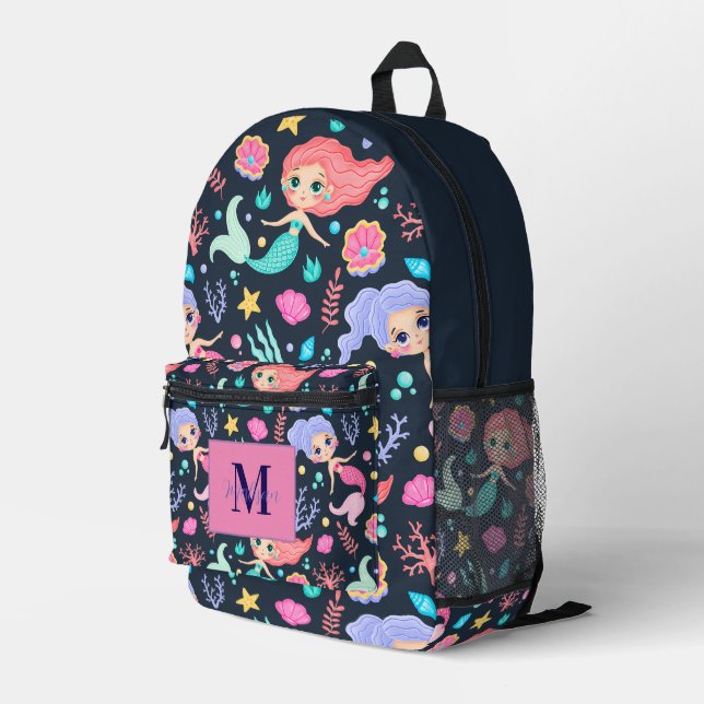 Personalized Cute Trendy Mermaid Monogram  Printed Backpack (Back Corner Right)