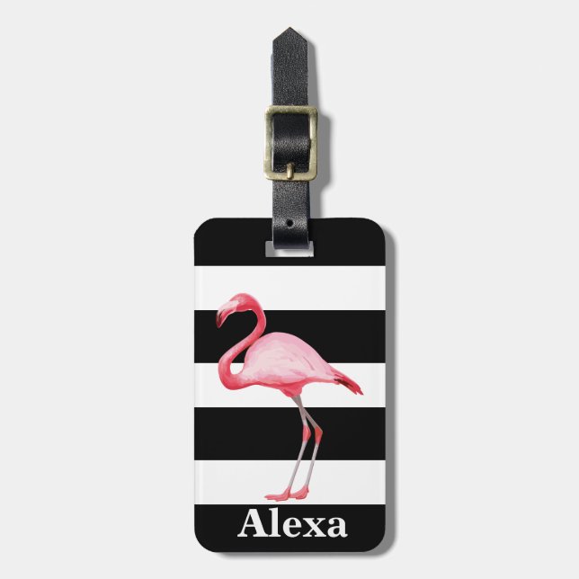 Personalized Cute Tropical Bird Flamingo stripes Luggage Tag (Front Vertical)