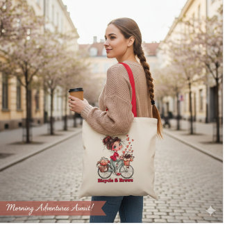 Personalized Cute Watercolor Girl Bicycle & Brews Tote Bag
