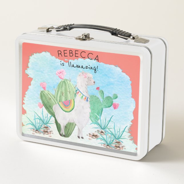 Personalized Cute Watercolor Llama Metal Lunch Box (Front)