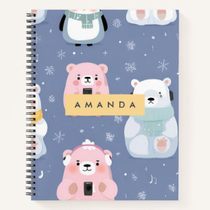 Personalized Cute Winter Bear & Penguin Pattern Notebook