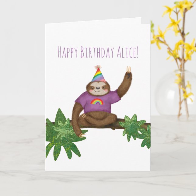 Personalized cute yogi sloth birthday card (Yellow Flower)