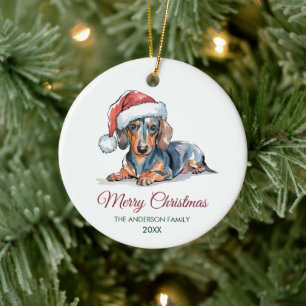 Personalized Dachshund in Santa Hat Christmas Ceramic Tree Decoration