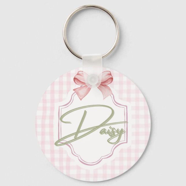 Personalized Daisy Baby Girl Nursery Bow&Gingham Key Ring (Front)