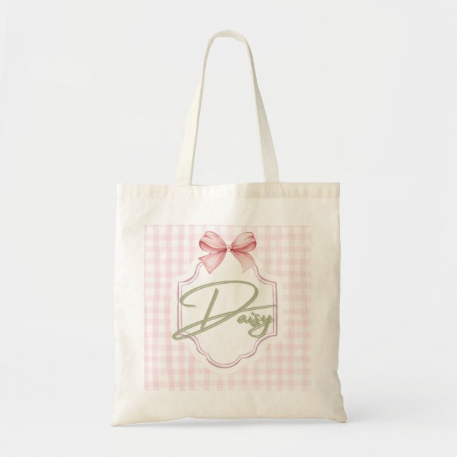 Personalized Daisy Baby Girl Nursery Bow&Gingham Tote Bag (Front)