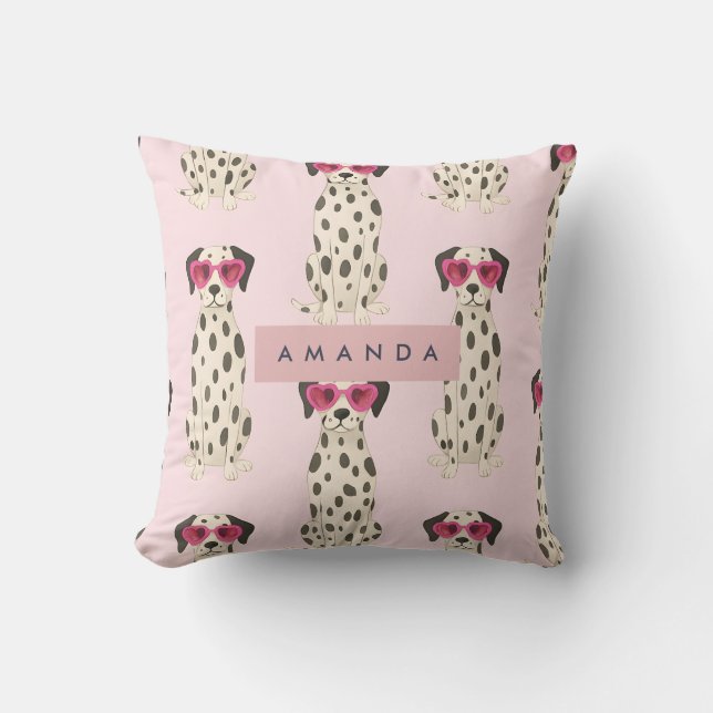 Personalized Dalmatian Dog with Pink Heart Glasses Cushion (Front)