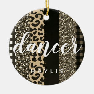Personalized Dancer Faux Cheetah and Glitter Ceramic Tree Decoration