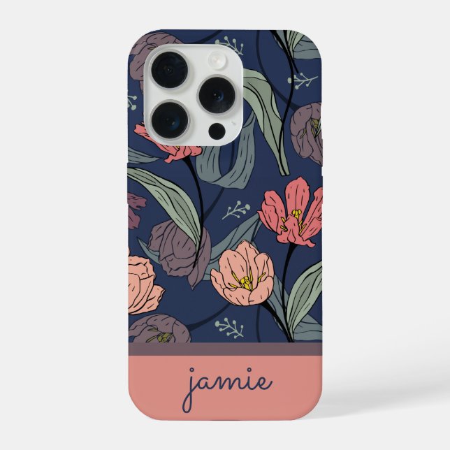 Personalized Dark Floral Tulip Pattern Phone Case (Back)
