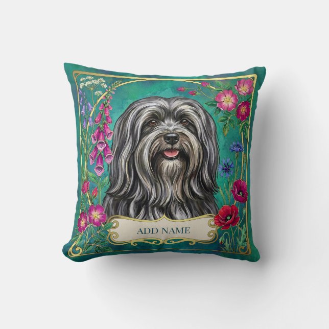 Personalized Dark Gray Lhasa Apso Floral Cushion (Front)