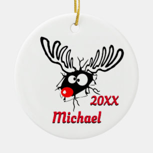 Personalized Dated Funny Reindeer Ceramic Tree Decoration