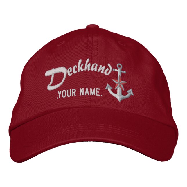 Personalized Deckhand Nautical Anchor Name White Embroidered Hat (Front)