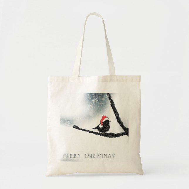 Personalized Decorative Merry Christmas Bird Santa Tote Bag (Front)