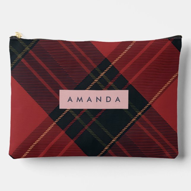 Personalized Deep Red and Black Tartan Plaid Accessory Pouch (Front)