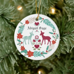 Personalized Deer and Wreath Baby's 1st Christmas Ceramic Tree Decoration