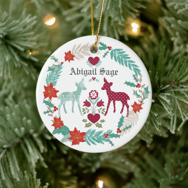 Personalized Deer and Wreath Baby's 1st Christmas Ceramic Tree Decoration (Tree)