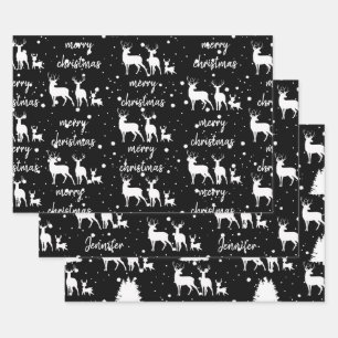 Personalized Deer & Star Pattern Christmas Black Wrapping Paper Sheet