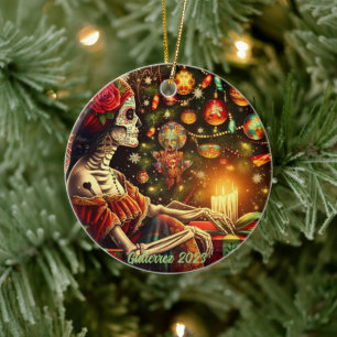 Personalized Día de los Muertos Christmas Holiday Ceramic Tree Decoration