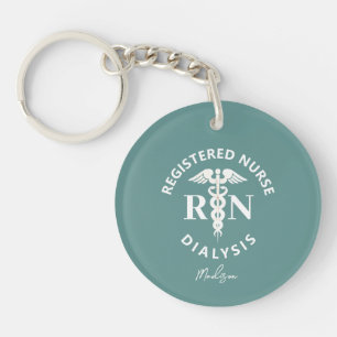 Personalized Dialysis Nurse Teal White Caduceus Key Ring