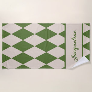 Personalized Diamond Checkered Green + Beige  Beach Towel
