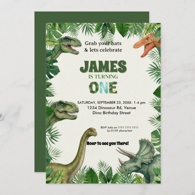 Personalized Dino 1st Birthday Invitation Suite (Front/Back)