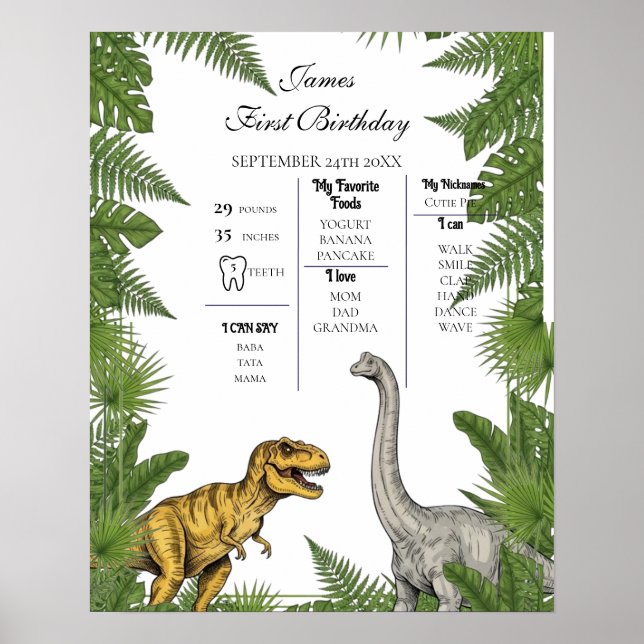 Personalized Dino 1st Birthday Milestone Poster (Front)