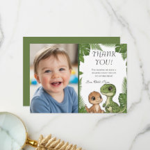 Personalized Dino 1st Birthday Photo Thank You Car