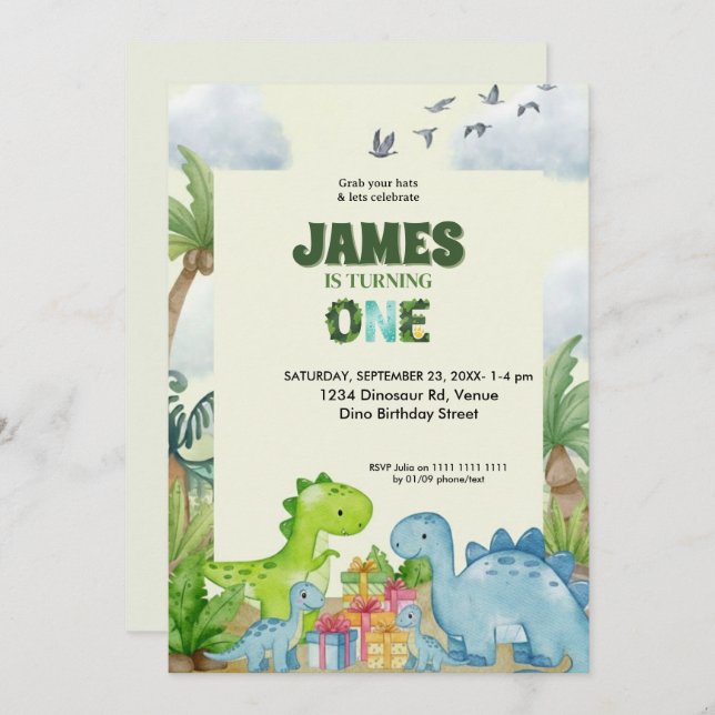 Personalized Dinosaur 1st Birthday Invitation (Front/Back)