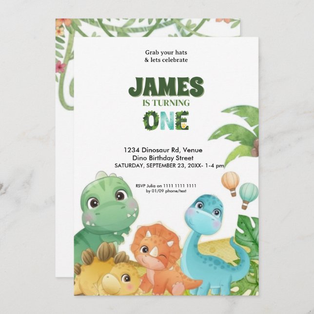 Personalized Dinosaur 1st Birthday Invitation  (Front/Back)