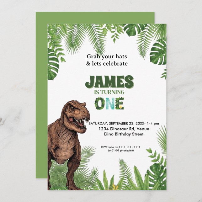 Personalized Dinosaur Jungle 1st Birthday Invite (Front/Back)