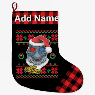 Personalized Dinosaur Santa T-Rex Ugly Christmas Large Christmas Stocking