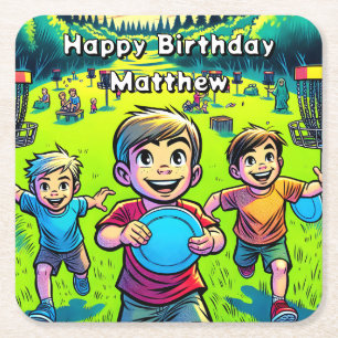 Personalized Disc Golf Boy's Birthday   Square Paper Coaster